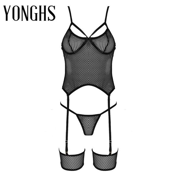 

bras sets womens see-through mesh lingerie suit adjustable spaghetti straps patchwork with g-string briefs leg rings outfit set, Red;black