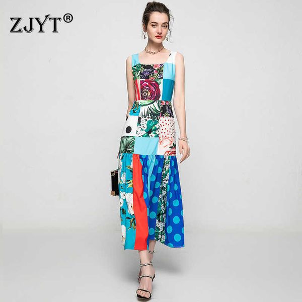 

summer fashion women runway designers sleeveless print loose waist long holiday dress 210601, Black;gray