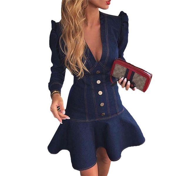 

casual dresses hirigin autumn women deep v-neck denim shirt style mini dress long sleeve ruffles high street club bodycon vestidos, Black;gray