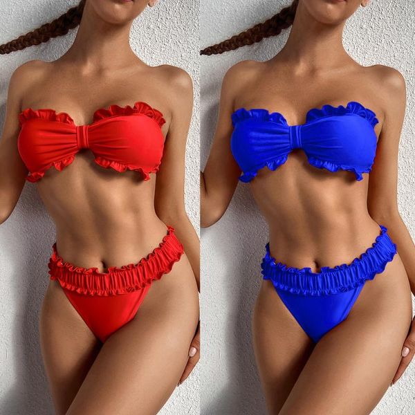 

women's swimwear bandeau bikini women swimsuit ruffle set push up bathing suit female solid brazilian 2021 biquini, White;black
