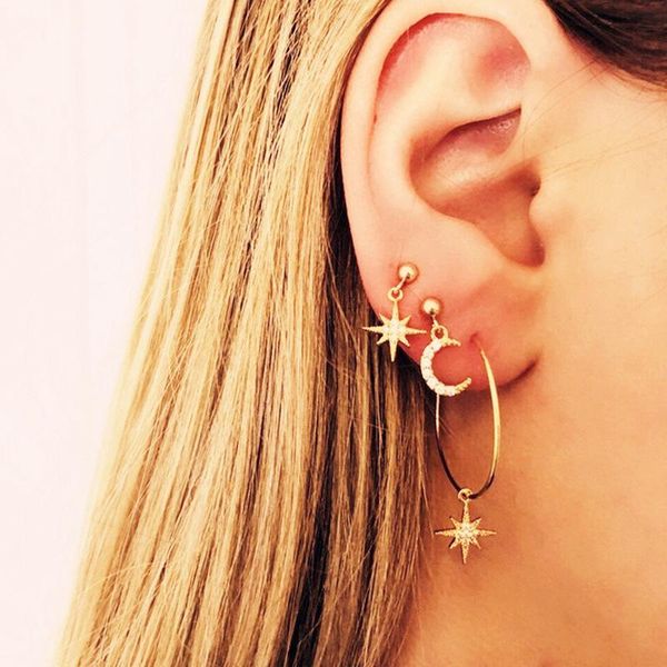 

hoop & huggie 6pcs/set retro punk gold chain earring set for women statement gothic geometric earrings 2021 fashion street jewelry, Golden;silver