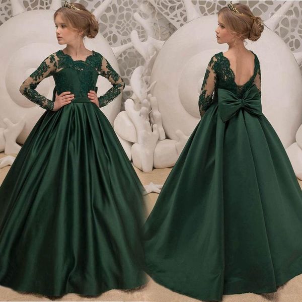 

girl's dresses lovely satin dark green ball gown kids pageant dress with lace long sleeves for girls aged 1-14 years1, Red;yellow