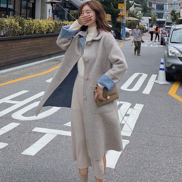 

women's wool & blends winter elegant woolen blend coat korean fashion long coats minimalist overcoat camel oversize outwear wholesale, Black