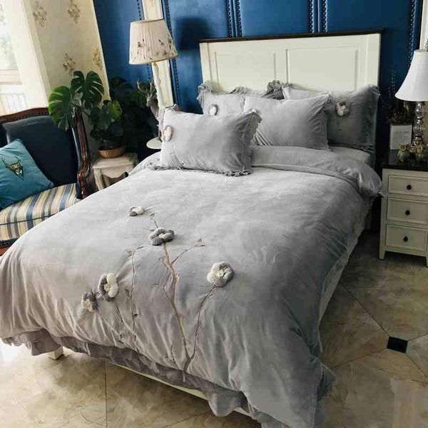 

bedding sets gray blue pink winter soft velvet fleece short plush stereoscopic flower embroidery duvet cover bed pillowcase set sheet