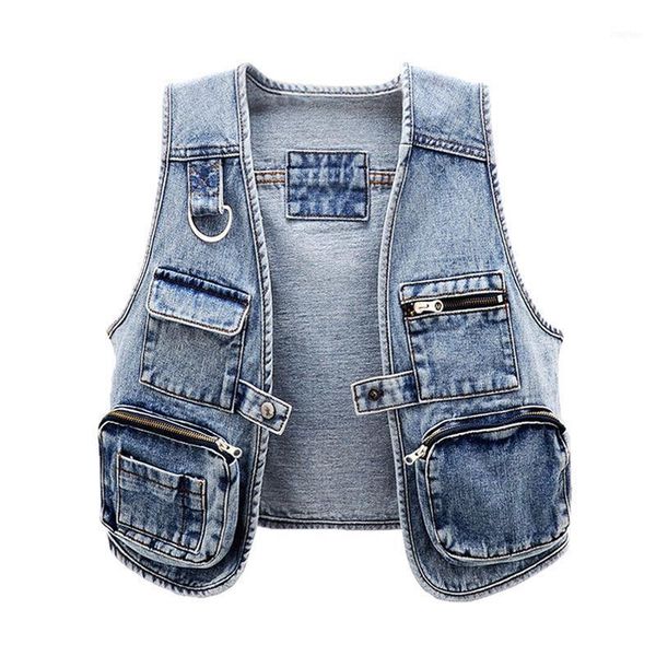 

fashion denim vest women spring autumn practical multi-pocket sleeveless waistcoat casual jean short jackets kw4511, Black;white