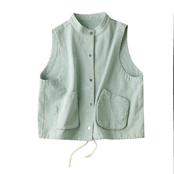

women's vests shuchan jackets vest for women cotton linen casual spring/autumn solid pockets covered button sleeveless tank top, Black;white