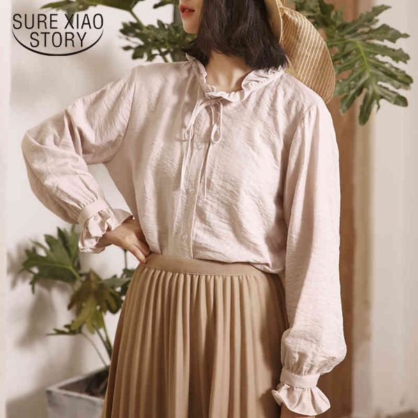 

autumn vintage solid shirts cotton women blouses blusas korean button cardigan lantern long sleeve ladies 10472 210415, White