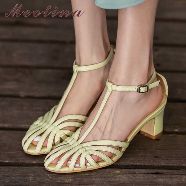 

meotina women gladiator sandals shoes buckle high heel sandals t-strap round toe shoes thick heel ladies footwear summer yellow 210608, Black