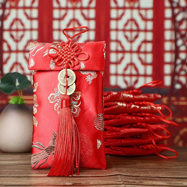 

year red envelope wedding embroidery pattern 6pcs/set lucky brocade fabric silk built-in plastic purse party favor