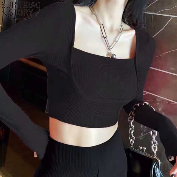 

cotton long sleeve short t-shirts sweet tee shirt square collar fake two piece bodycon crop t-shirt 12846 210506, White