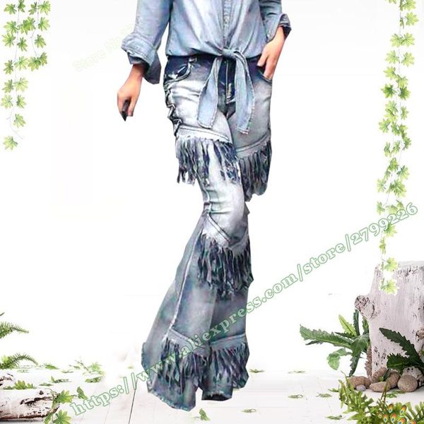 

women's jeans 2021 spring and summer vintage retro fringed denim flare trousers for women / modis streetwear pants, Blue
