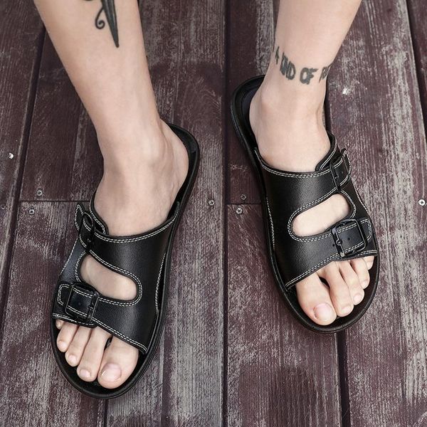 

slippers summer mens sandals leather fashion beach sandalias men casual shoes outdoor sandalet roman non-slip, Black