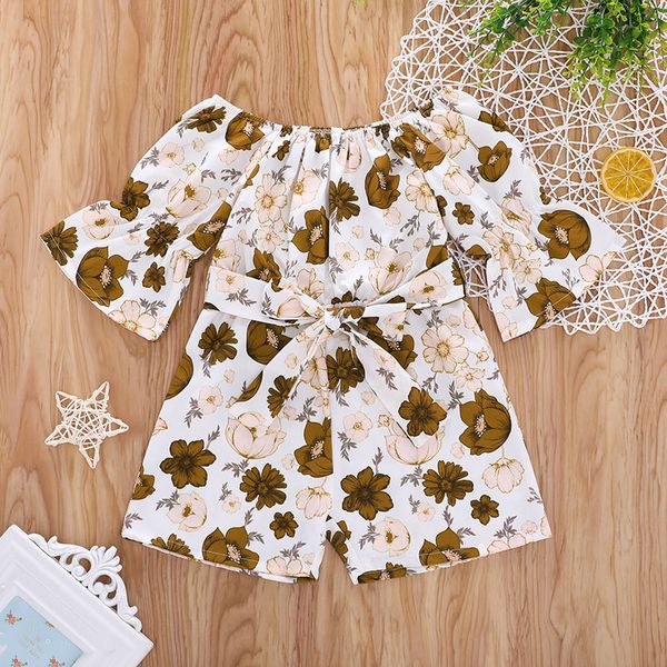 

girls flower print short sleeves jumpsuits summer 2021 kids clothes boutique 1-5t little girls flare sleeves jumpsuits with waistband, Blue