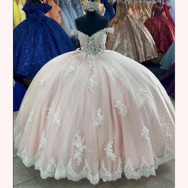 Mexikanische rosa Quinceanera-Kleider mit Spitze, schulterfrei, Ballkleid, Ballkleid, für 15 Jahre, Sondergröße