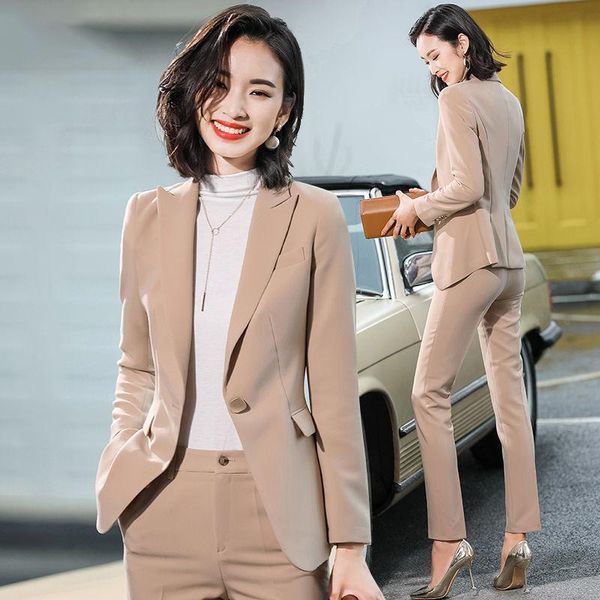 

women's two piece pants 2021 spring autumn women office suit female button full sleeve blazers + pencil pant pieces set lady casual sol, White