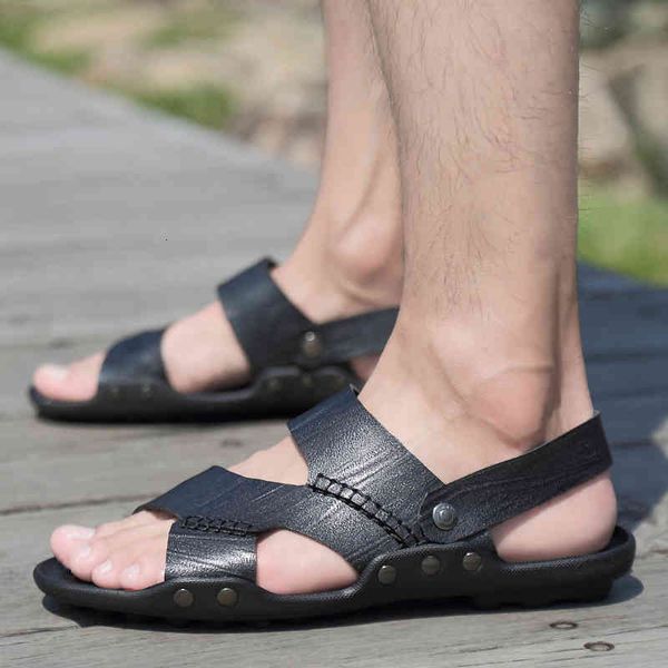 

slippers men's fashion sandals leather sandal for man slip on outdoor breathable comfortable casual durable summer outddoor shoes njkf, Black