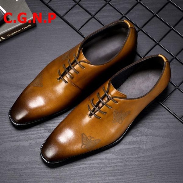 

dress shoes c.g.n.p italian mens oxford laser carved butterfly genuine leather for men lace-up office formal, Black