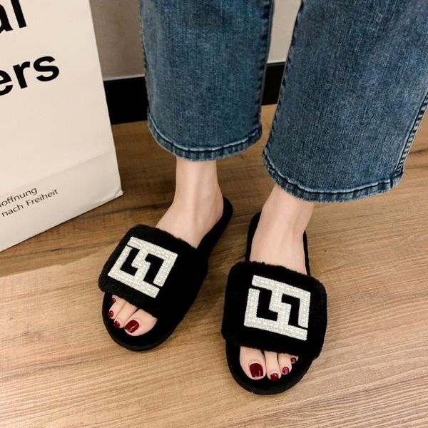 

sandals women's furry slippers female 2021 autumn winter home fur shoes cotton fashion pearl plush, Black