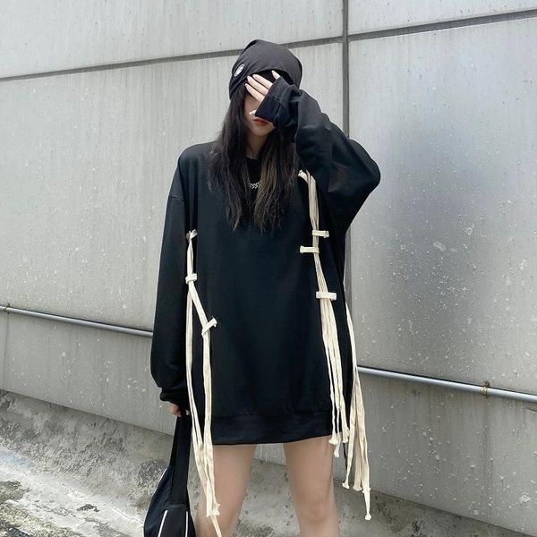 

women's hoodies & sweatshirts women ribbon tassel loose long sleeve o neck harajuku black gothic lady fashion design sweatshirt autumn