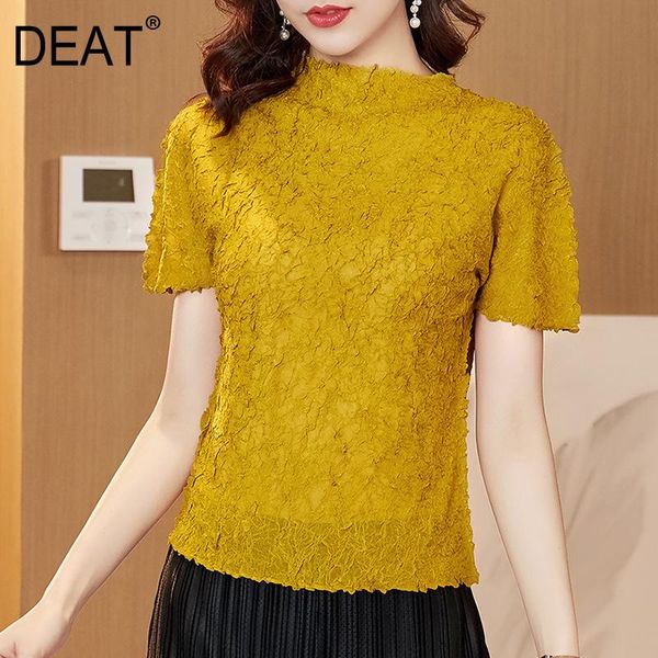 

women pleated t-shirt embossing elegant elastic stand neck short sleeve pullover vintage style 2021 summer fashion 15hx073 women's, White
