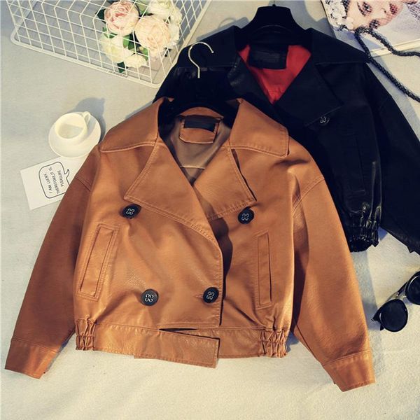 

women's leather & faux fashion jacket women bat sleeve loose female motorcycle biker casual large lapel short jackets coats xpy1, Black