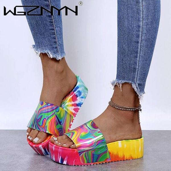 

women's fashion casual multicolor tie-dye printed outdoor slippers platform wedges beach shoes flip flop sandalia feminina, Black