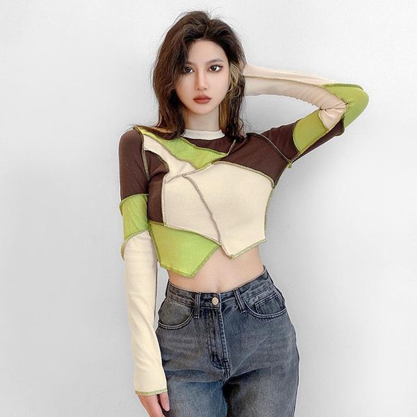 

women's t-shirt [ewq] 2021 spring jumper female thin casual irregular suit collar patchwork panelled long sleeve minimalist 8y695, White