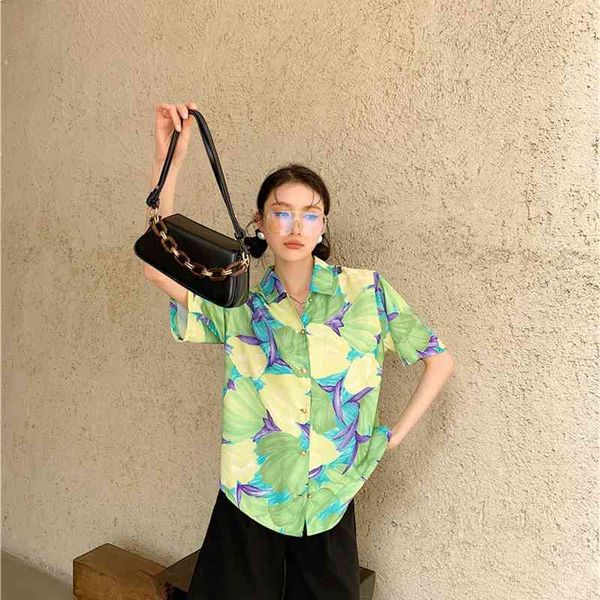 

women's two piece pants green floral shirt for women short sleeve hawaiian button up collared loose summer and blouses 2021 fa, White