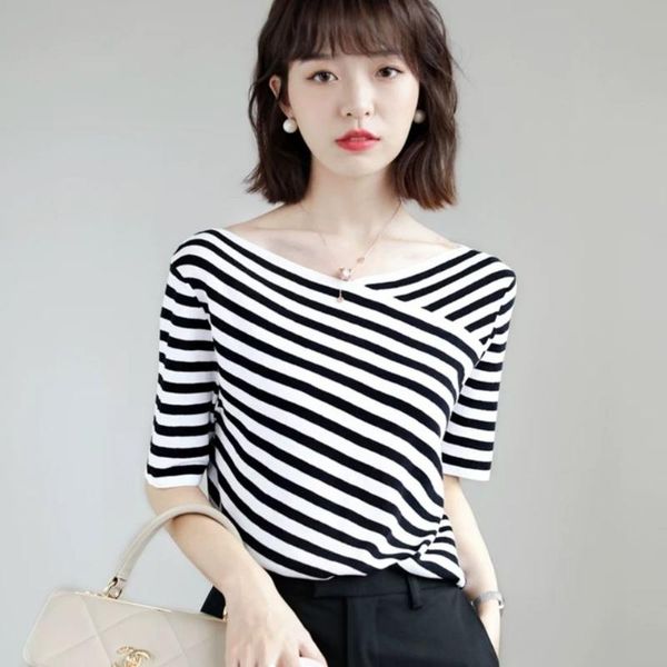 

women's blouses & shirts fashion elegant women summer knitting stripe color contrast v-neck loose stylish mujer blusas mm0624, White