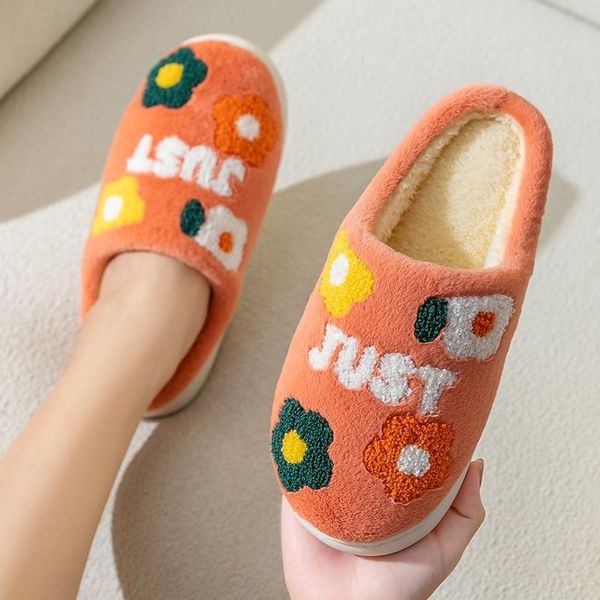 

slippers women men winter warm cute flower furry thick soled cotton shoes home indoor couple boys girls non-slip faux fur slides, Black