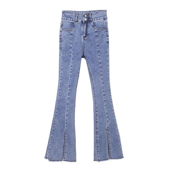 

women's jeans women high waist flared denim 75% cotton wide leg full length pants split bottom stretch plus size 32 trousers, Blue