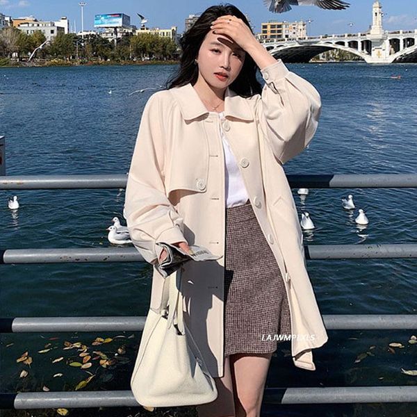 

women's trench coats beige short coat women 2021 back pleated windbreaker spring autumn fashion korean style loose, Tan;black