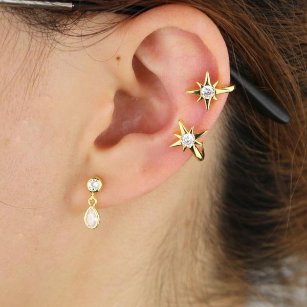 

clip-on & screw back xmas cuff earrings with cz paved star shap mini earring no piercing tiny gold color jewelry for wedding, Silver