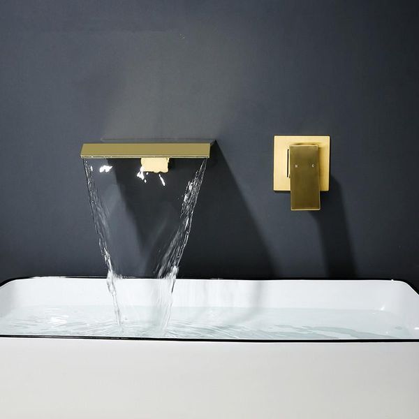 

bathroom sink faucets copper basin faucet & cold waterfall type in-wall brass mixer tap single handle two holes brushed gold/black
