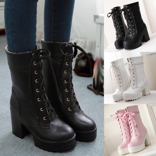 

women middle tube booties sweet lace-up square heel bare boots causal, Black
