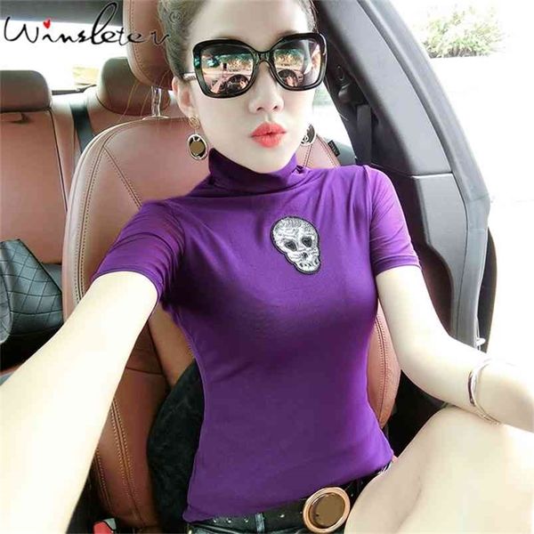 Tendências Primavera de Manga Curta Tees Skull Lantejoulas Mesh Camisetas Turtleneck Tee Tops Slim Women Roupas T02510B 210421