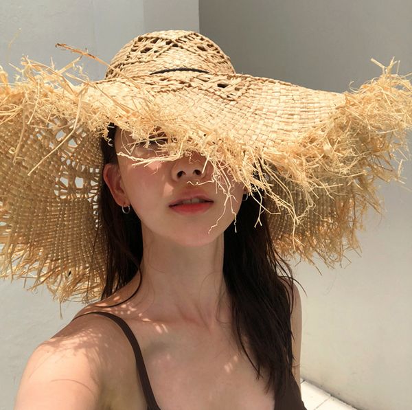 

straw big brim lafite straw summer sun hat, Blue;gray