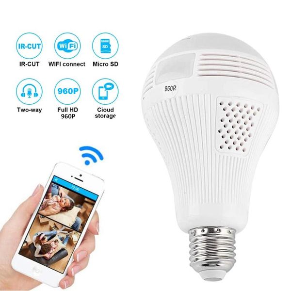 

degree led light bulb camera 960p wireless panoramic home security wifi fisheye lamp two ways audio ip cameras
