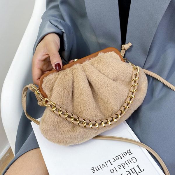 

evening bags small solid color frame bag faux fur shoulder for women 2021 soft warm lady crossbody fashion chain trending handbags