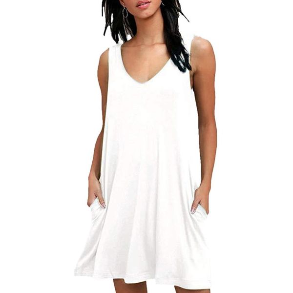 

casual dresses pure color summer v-neck sleeveless loose mini dress pocket holiday women beach, Black;gray