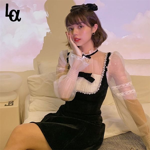 

vintage dress women spring lace fairy velvet korean petal sleeve evening party elegant female 210519, Black;gray