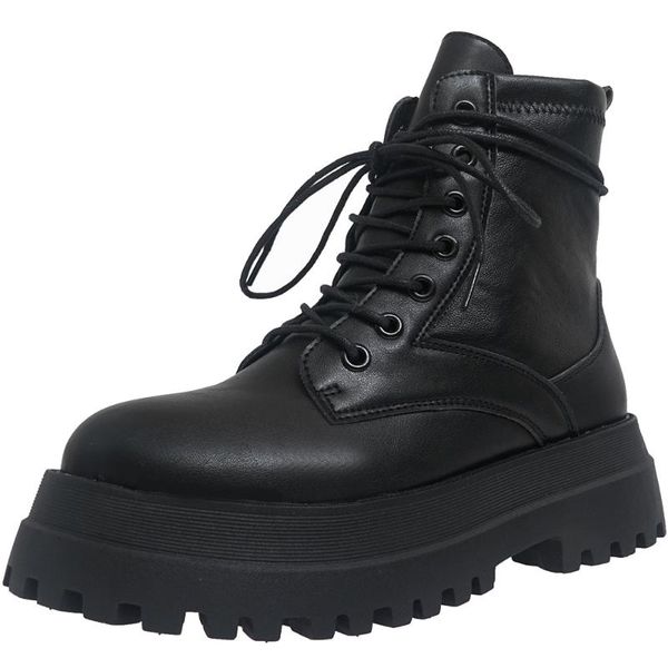 

boots thick bottom platform women shoes black leather ankle motorcycle lace up zapatos de mujer