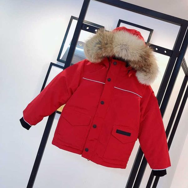 

kids jacket fashion designer winter down coat outdoor thermal windproof waterproof real wolf fur red, Black