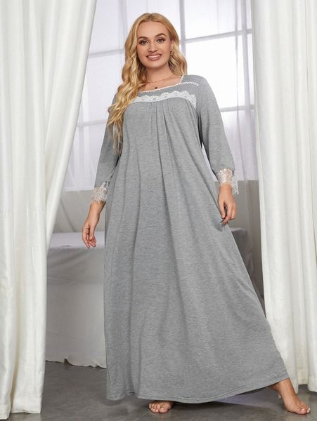 

plus contrast lace trim nightdress s49g#, Black;white