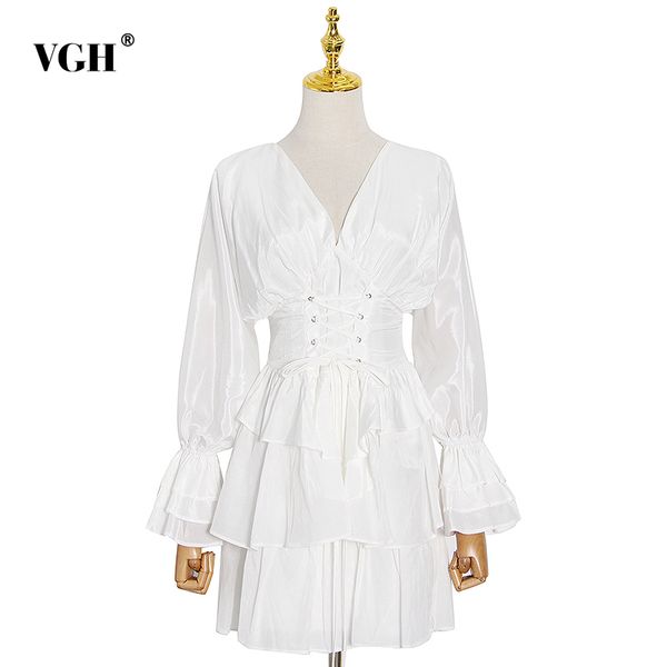 

vgh print dress for women v neck flare long sleeve high waist ruched patchwork ruffles designer dresses female fall clothes 210421, Black;gray