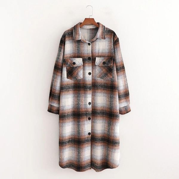 

women jacket plaid checked full sleeves oversized plus size fashion warm coat outerwear veste femme 210420, Black;brown