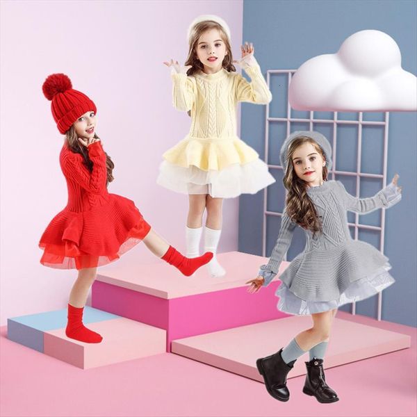 

knitted sweater for girls autumn girl dresses winter clothes ribbed long sleeve kids party costume casual wear princess christmas, Red;yellow