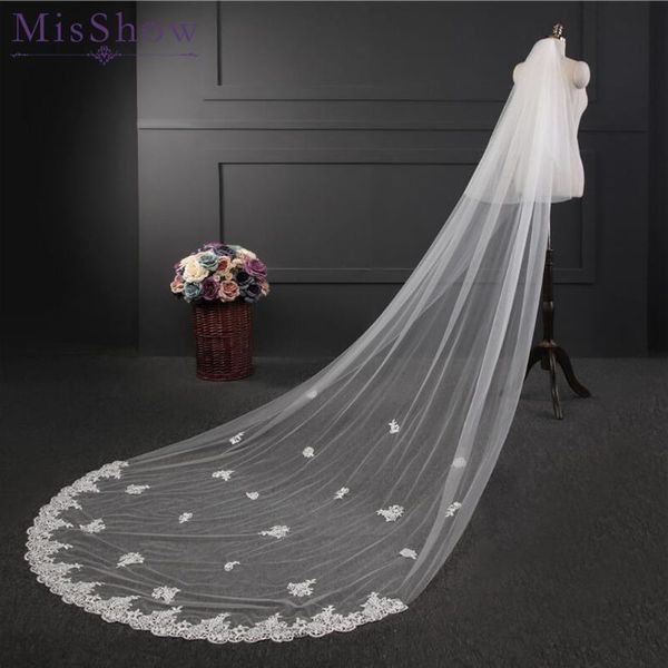 

bridal veils lace edge one layer applique 3m long tulle ivory 2021 veu de noiva wedding accessories with comb, Black