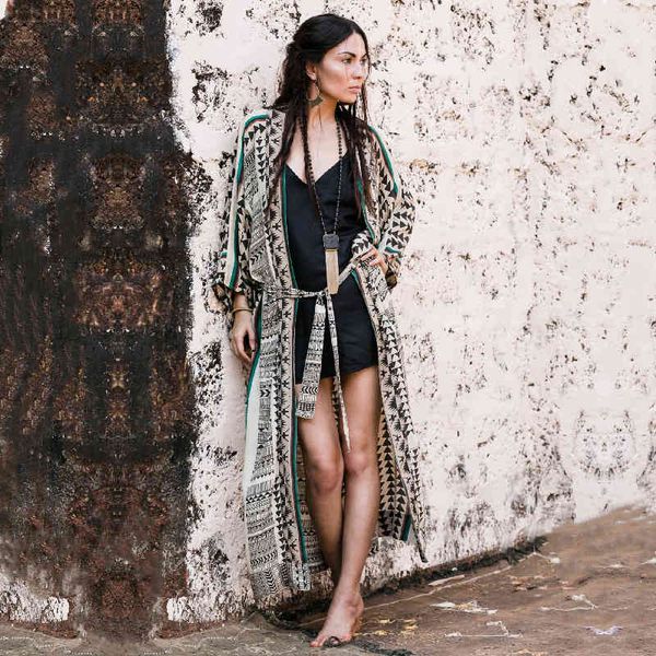 

multicolored bikini cover-ups v-neck long sleeve boho summer beach dress plus size beachwear swimsuit cover up q1086 210420, White;black