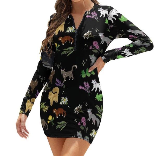 

casual dresses cat dress long sleeve short polyester bodycon female pattern spring one-piece, Black;gray